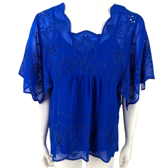 Anthropologie Tops - Anthropologie Meadow Rue Carwen Sheer Eyelet Lace Blouse Top M Royal Blue